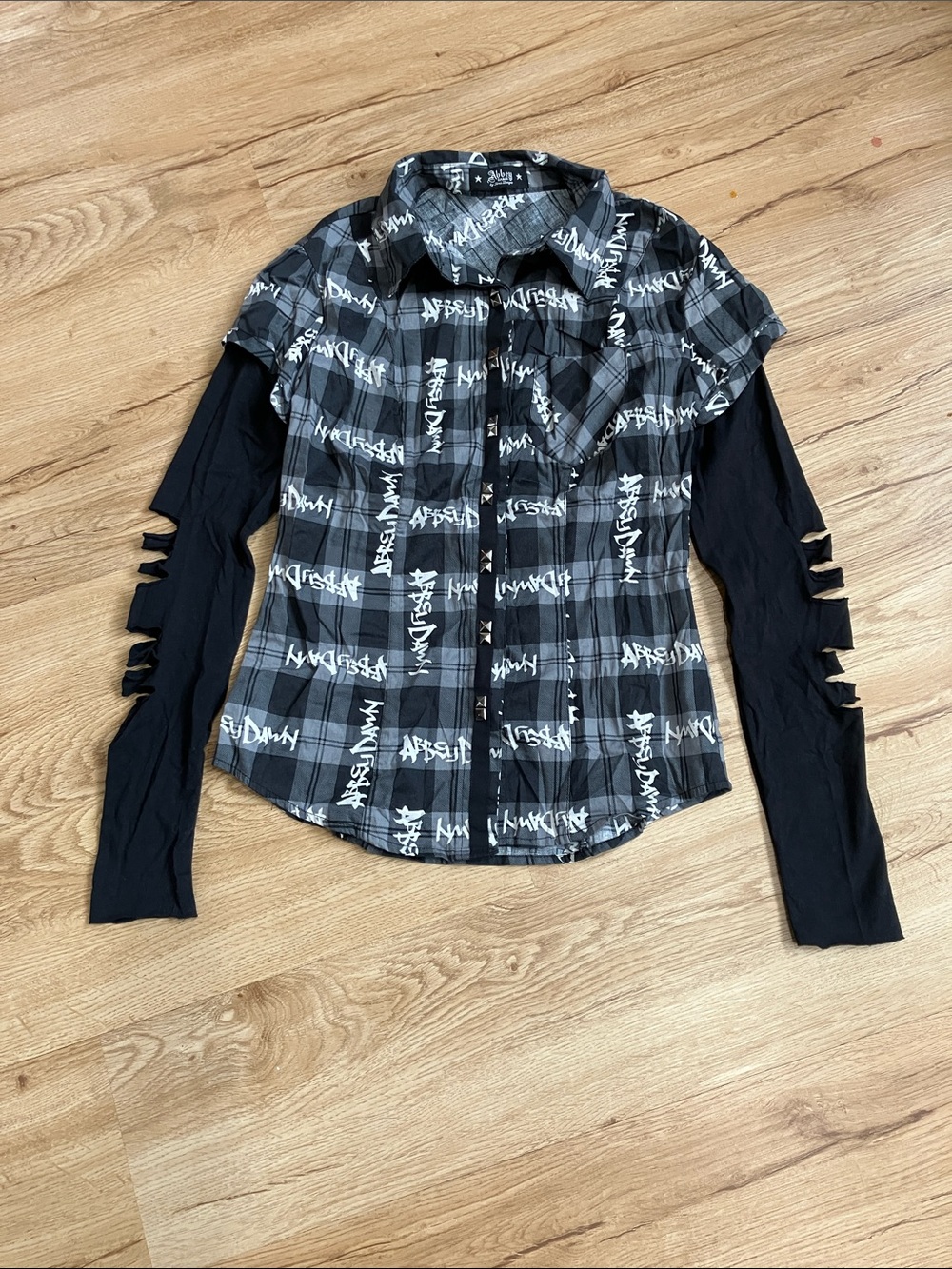 Y2k Abbey Dawn Black & Gray Plaid Layered Button-Down Shirt